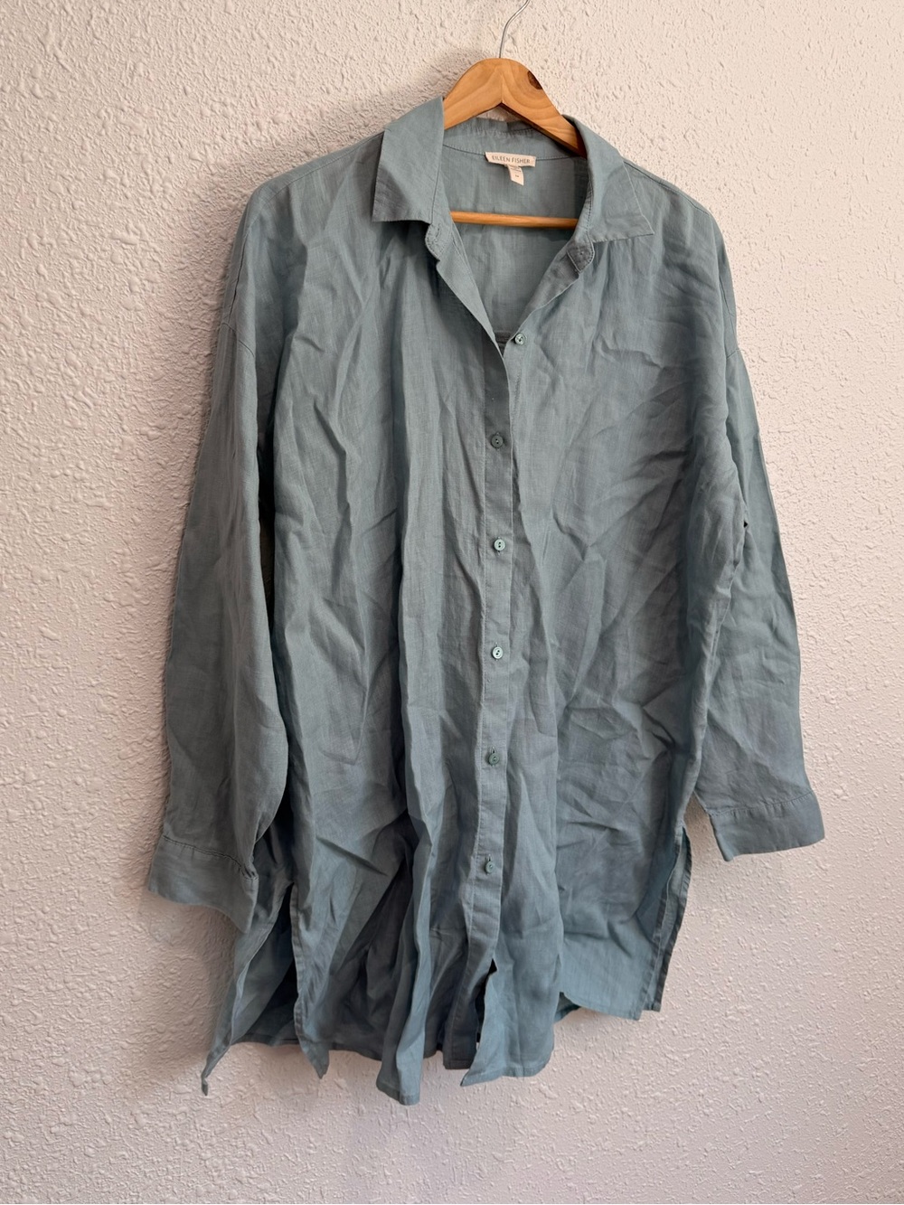 Eileen Fisher seafoam green linen long button oversized  tunic top  S